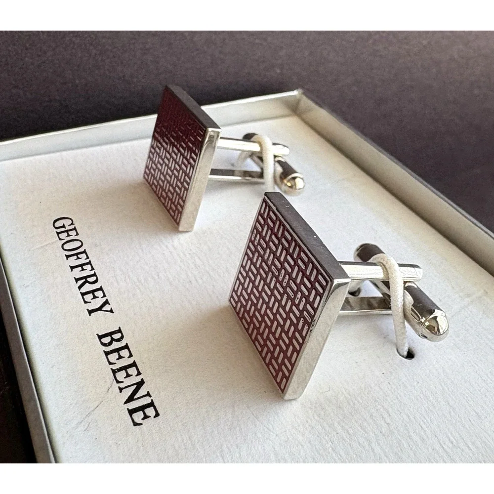 Geoffrey Beene Men's Cufflinks Silver & Red Enamel Square‎ Geometric Classic